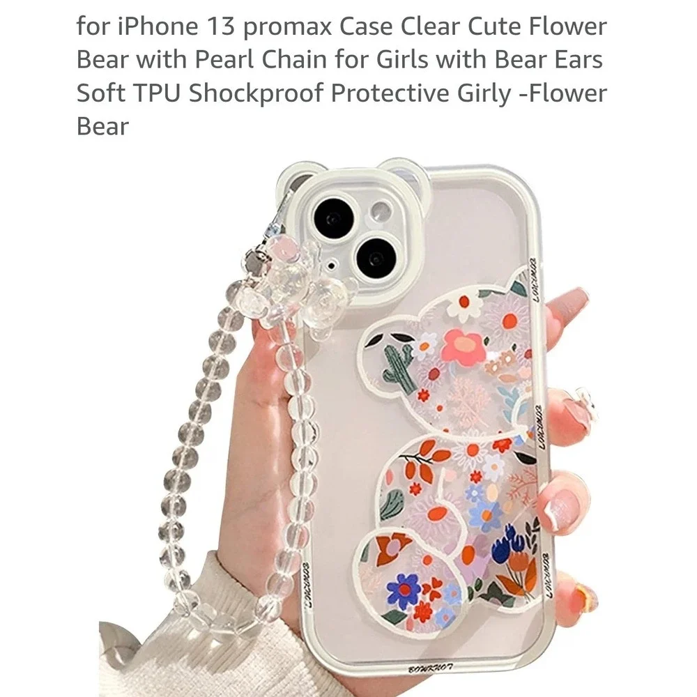 iPhone Case Clear Bear Floral Print with Beaded Wristlet Strap White